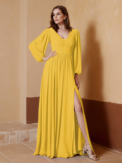 A-Line Pleated Chiffon Dress with Long Sleeves Marigold