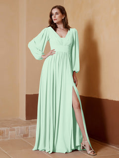 A-Line Pleated Chiffon Dress with Long Sleeves Mint Green