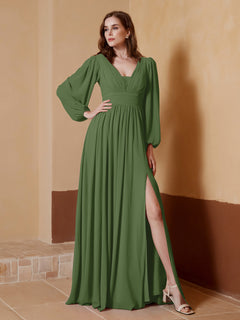 A-Line Pleated Chiffon Dress with Long Sleeves Moss