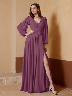 A-Line Pleated Chiffon Dress with Long Sleeves Mulberry