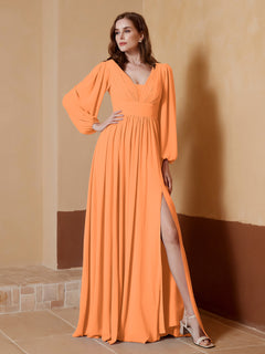 A-Line Pleated Chiffon Dress with Long Sleeves Orange