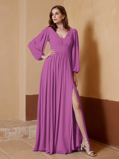 A-Line Pleated Chiffon Dress with Long Sleeves Orchid
