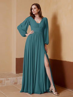 A-Line Pleated Chiffon Dress with Long Sleeves Peacock