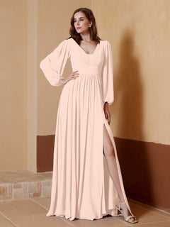 A-Line Pleated Chiffon Dress with Long Sleeves Pearl Pink