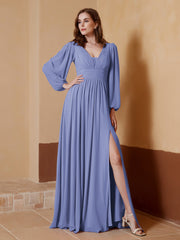 A-Line Pleated Chiffon Dress with Long Sleeves Periwinkle