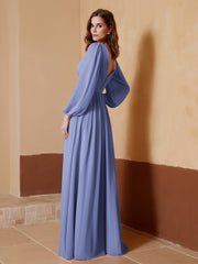 A-Line Pleated Chiffon Dress with Long Sleeves Periwinkle