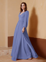 A-Line Pleated Chiffon Dress with Long Sleeves Periwinkle