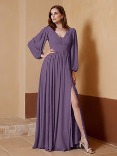A-Line Pleated Chiffon Dress with Long Sleeves Plum