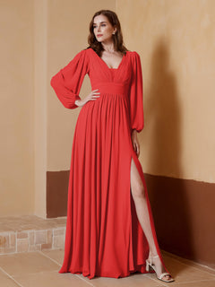 A-Line Pleated Chiffon Dress with Long Sleeves Red