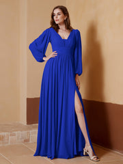 A-Line Pleated Chiffon Dress with Long Sleeves Royal Blue