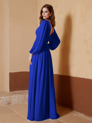 A-Line Pleated Chiffon Dress with Long Sleeves Royal Blue