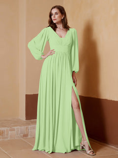 A-Line Pleated Chiffon Dress with Long Sleeves Sage