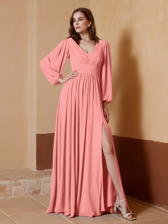 A-Line Pleated Chiffon Dress with Long Sleeves Sunset