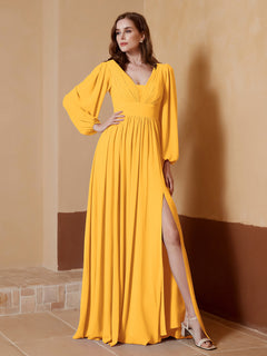 A-Line Pleated Chiffon Dress with Long Sleeves Tangerine