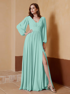 A-Line Pleated Chiffon Dress with Long Sleeves Turquoise