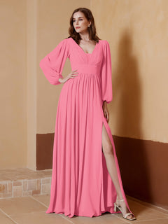 A-Line Pleated Chiffon Dress with Long Sleeves Watermelon