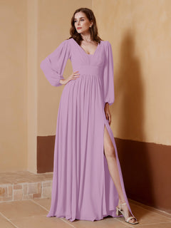 A-Line Pleated Chiffon Dress with Long Sleeves Wisteria