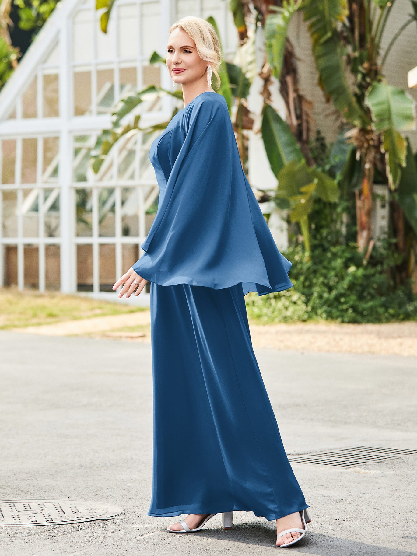 BABARONI Chiffon Ink Blue Mother of the Bride Dresses A-line Jewel  Floor-length Flutter Sleeves – BABARONI UK