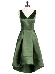 High Low Satin Birdesmaid Dress with V Neck Olive Green