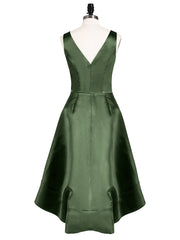 High Low Satin Birdesmaid Dress with V Neck Olive Green