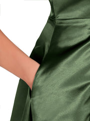High Low Satin Birdesmaid Dress with V Neck Olive Green