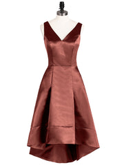 High Low Satin Birdesmaid Dress with V Neck Terracotta