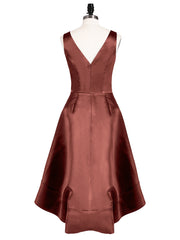 High Low Satin Birdesmaid Dress with V Neck Terracotta