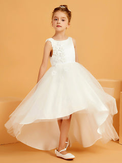 Scoop Asymmetrical Tulle/Satin Flower Girl Dress with 3D Floral