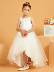 Scoop Asymmetrical Tulle/Satin Flower Girl Dress with 3D Floral