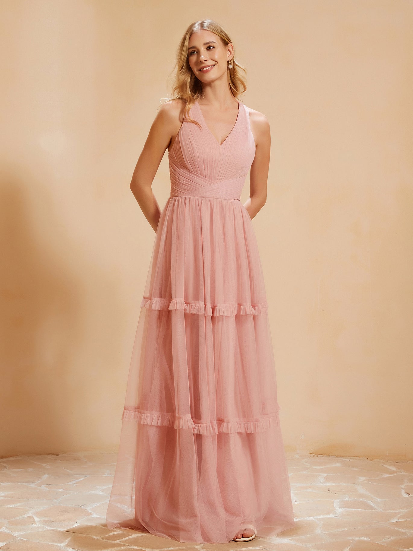 BABARONI Tulle Dusty Rose Bridesmaid Dresses A-line V-neck Floor-length Sleeveless – BABARONI UK