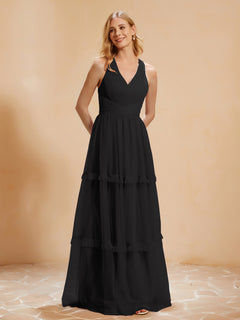 A-Line Pleated Tulle Floor-Length Dress Black
