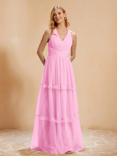A-Line Pleated Tulle Floor-Length Dress Candy Pink
