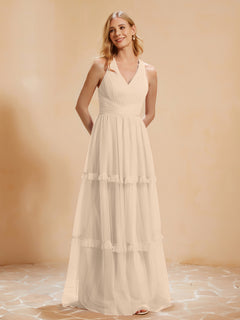 A-Line Pleated Tulle Floor-Length Dress Champagne