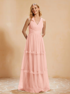 A-Line Pleated Tulle Floor-Length Dress Coral