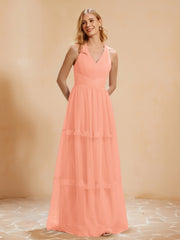 A-Line Pleated Tulle Floor-Length Dress Coral Plus Size