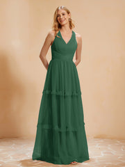 A-Line Pleated Tulle Floor-Length Dress Dark Green Plus Size