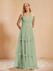 A-Line Pleated Tulle Floor-Length Dress Dusty Sage Plus Size