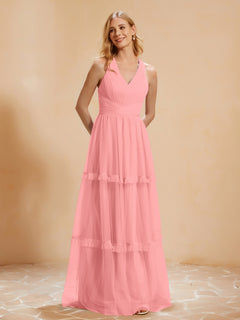 A-Line Pleated Tulle Floor-Length Dress Flamingo
