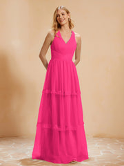 A-Line Pleated Tulle Floor-Length Dress Fuchsia Plus Size