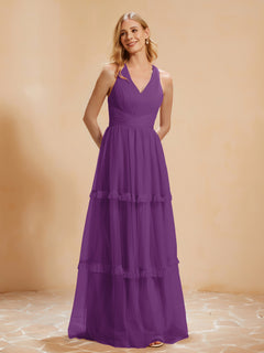 A-Line Pleated Tulle Floor-Length Dress Grape