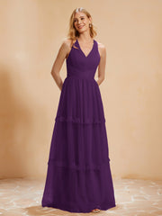 A-Line Pleated Tulle Floor-Length Dress Grape Plus Size