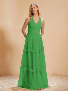 A-Line Pleated Tulle Floor-Length Dress Green