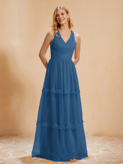A-Line Pleated Tulle Floor-Length Dress Ink Blue