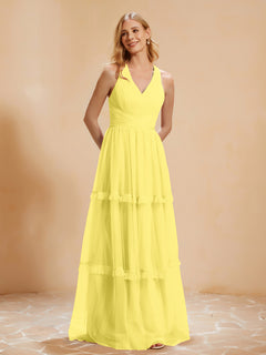 A-Line Pleated Tulle Floor-Length Dress Lemon