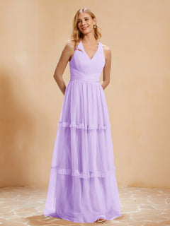 A-Line Pleated Tulle Floor-Length Dress Lilac