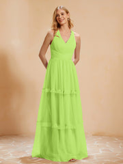 A-Line Pleated Tulle Floor-Length Dress Lime Green Plus Size
