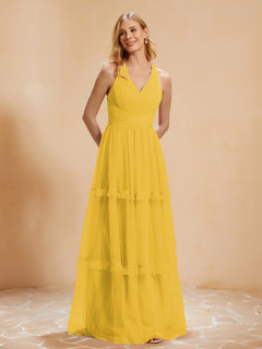 A-Line Pleated Tulle Floor-Length Dress Marigold
