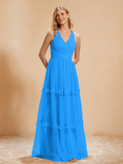A-Line Pleated Tulle Floor-Length Dress Ocean Blue Plus Size