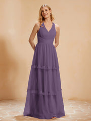 A-Line Pleated Tulle Floor-Length Dress Plum Plus Size