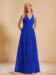 A-Line Pleated Tulle Floor-Length Dress Royal Blue Plus Size
